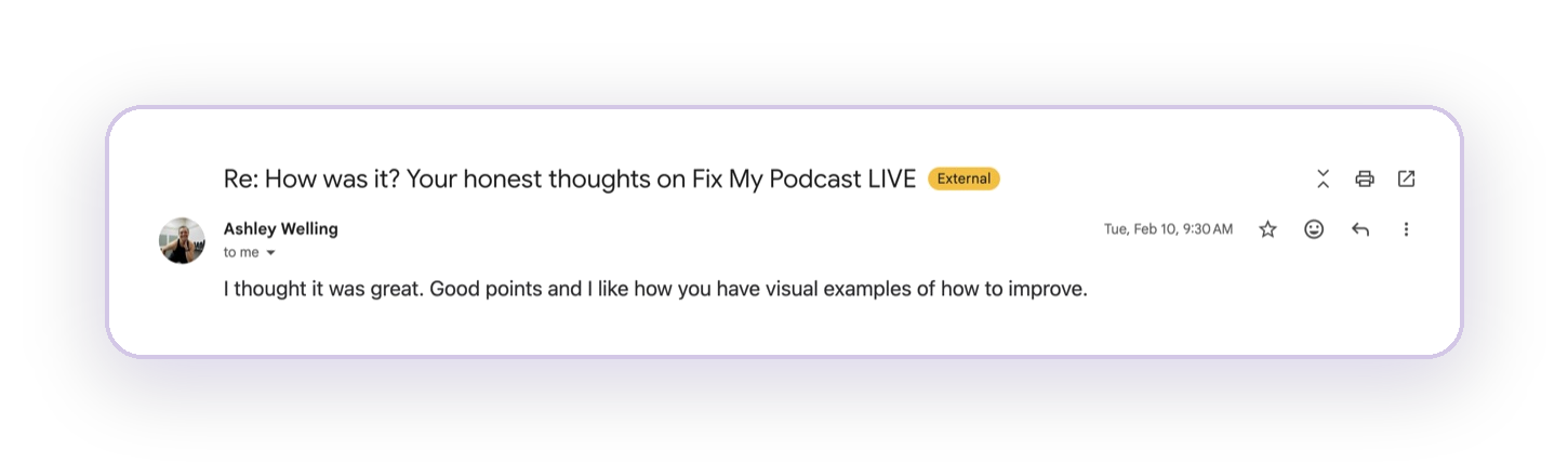 Message from Ashley Welling about her podcast audit