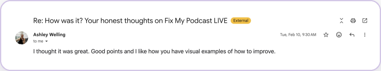 Message from Ashley Welling about her podcast audit