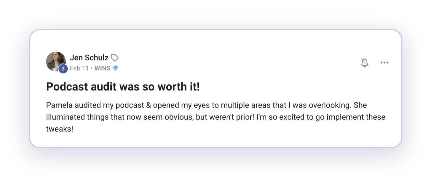 Skool win post from Jen Schulz about her podcast audit