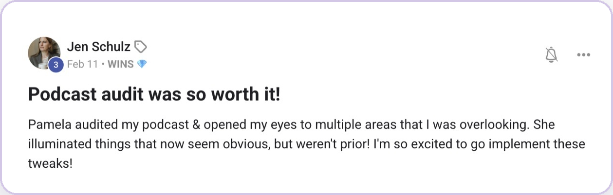 Skool win post from Jen Schulz about her podcast audit